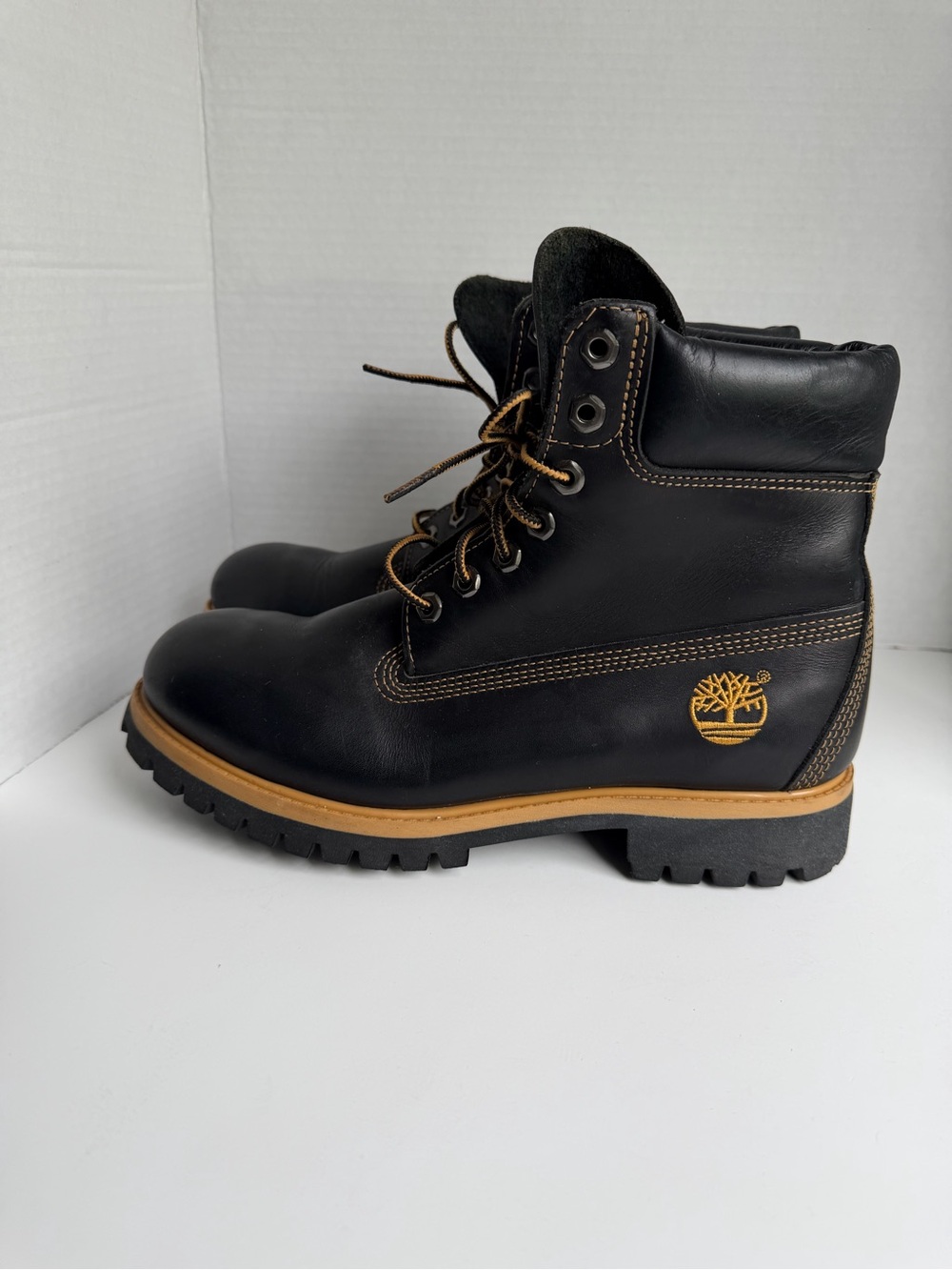 Mens Timberland Premium 6” Black Boots Sz 8 Smooth Leather Tan Stitching Work - Picture 6 of 15